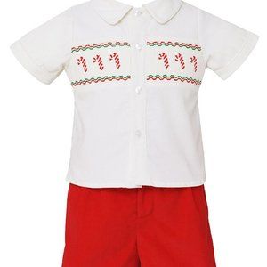 ANAVINI BOYS SMOCKED CANDY CANES SHIRT WITH RED CORDUROY SHORTS